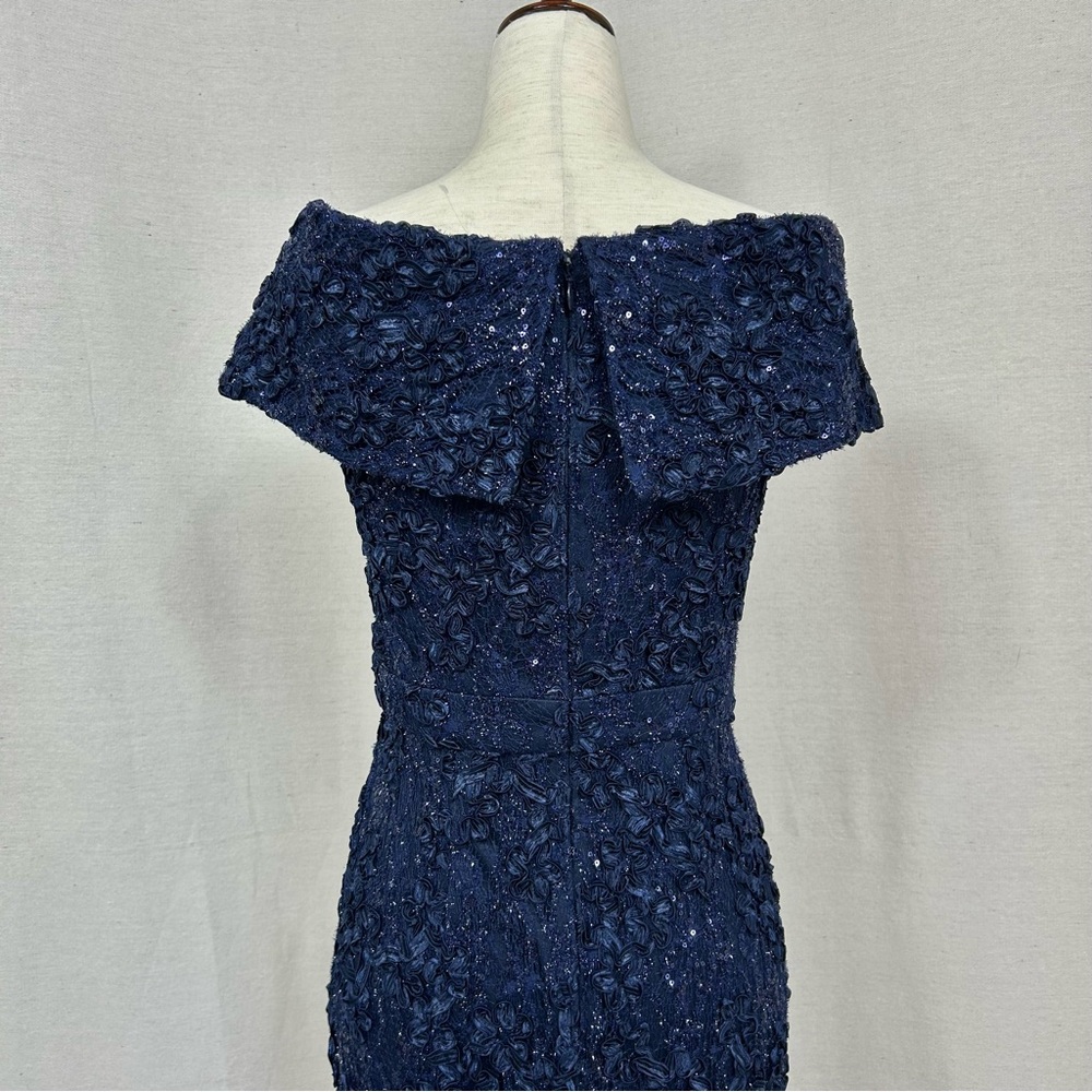 Xscape Navy Blue Rosette Sequin Lace Mermaid Off Shoulder Prom Gown Size 4 - Picture 7 of 10